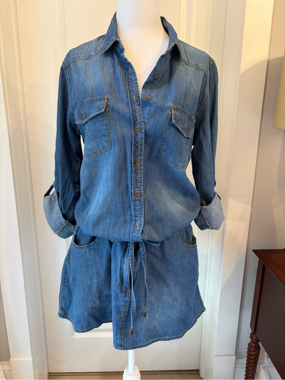 Women’s Blue Denim Button-Down Shirt Dress with Drawstring Waist